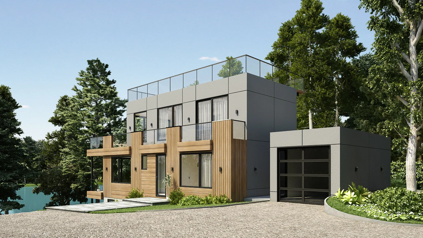 Modern two-story custom luxury home with large windows, wood and gray panel exterior, rooftop terrace with glass railing, attached garage, surrounded by trees and greenery, under a clear blue sky—perfect modern real estate.