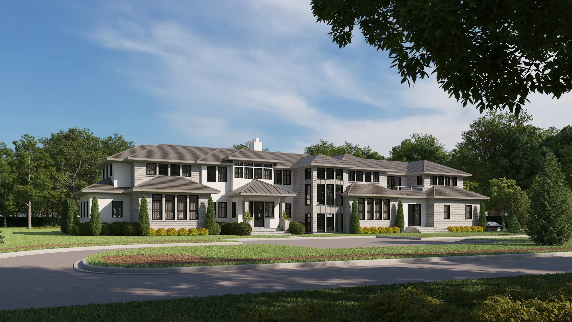 A large, modern two-story custom luxury home with multiple windows, white and stone exterior, surrounded by green lawns, bushes, and trees under a blue sky with scattered clouds—perfect for those seeking modern real estate.