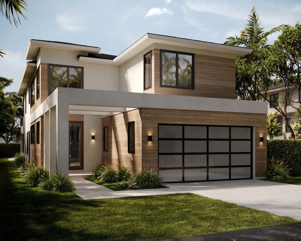 Modern two-story house with large windows, wood and stucco exterior, a flat roof, and a two-car garage with glass-paneled doors, surrounded by greenery and palm trees.