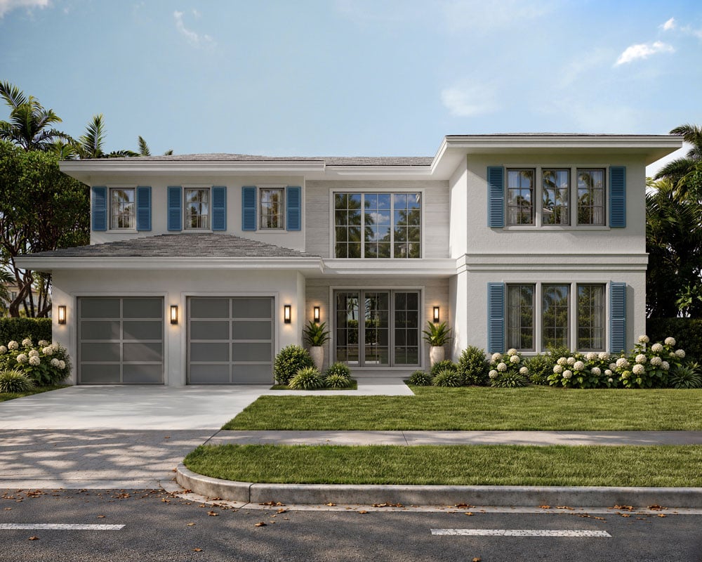 A modern two-story white house with blue shutters, large windows, two garage doors, manicured lawn, shrubs, and trees in the background under a blue sky with some clouds.