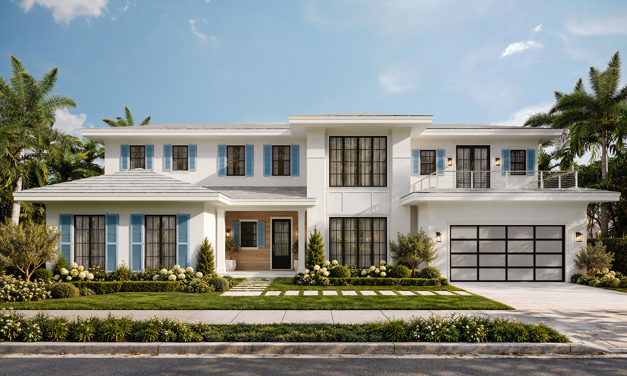 A two-story white house with blue shutters, a second-floor balcony, and an attached two-car garage.